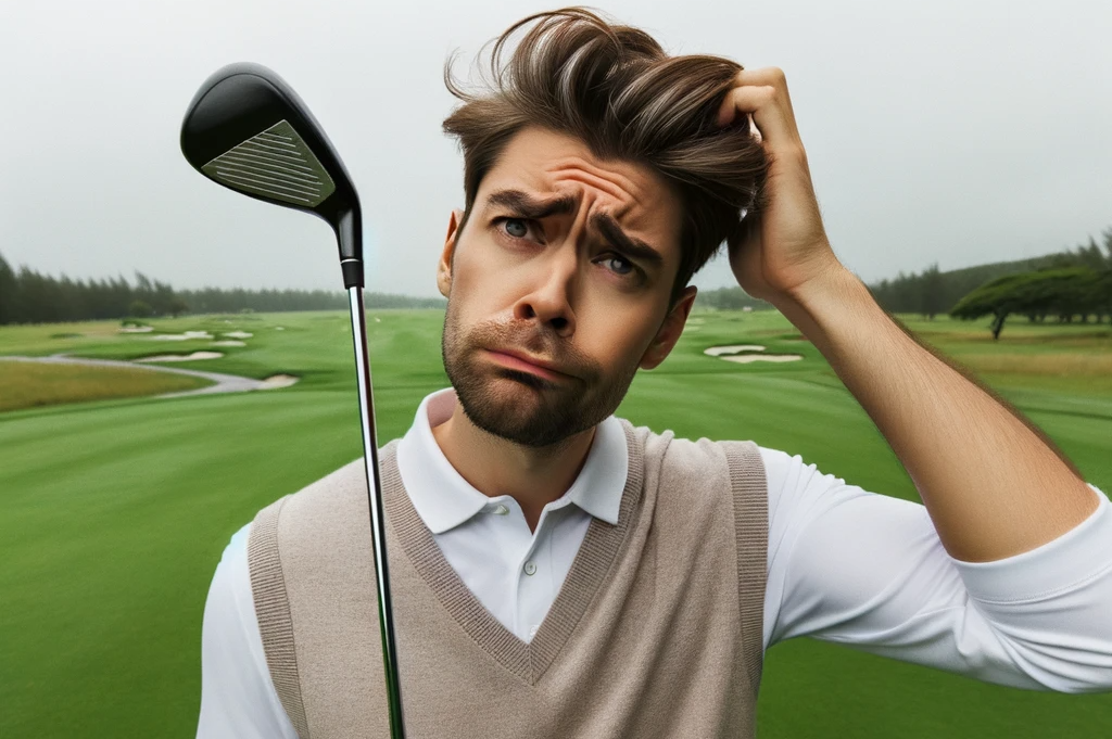 A puzzled golfer examining a range of golf training aids