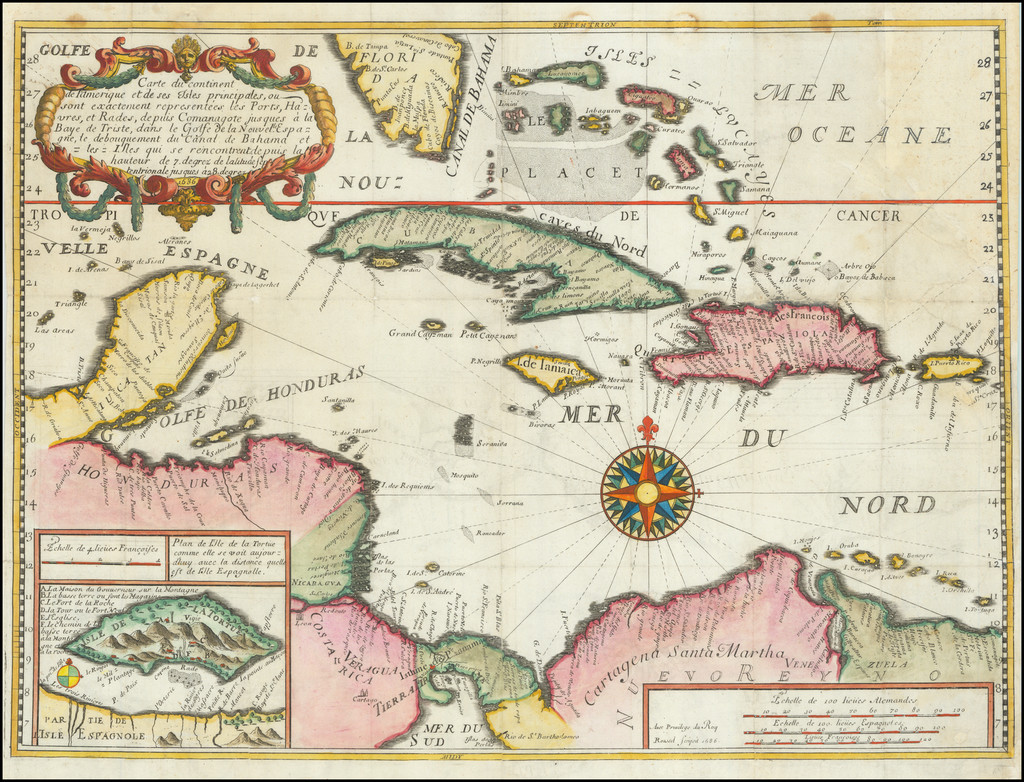 Carte du continent de l'Amérique et de ses isles principales, où sont  exactement représentés les ports, havres et rades de puis puis Comanagote  jusques à la Baye de Triste, dans le Golfe, image size:1024x782