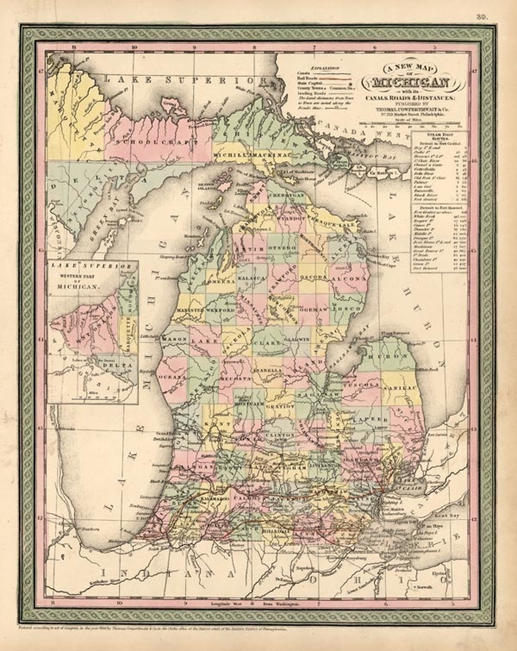 A New Map Of Michigan With Its Canals Roads And Distances Barry 8688