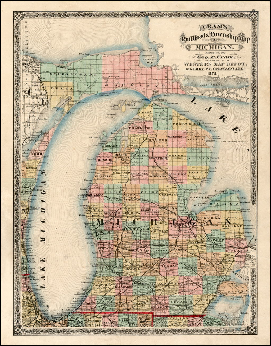 Cram's Rail Road & Township Map of Michigan . . . 1875 Barry Lawrence