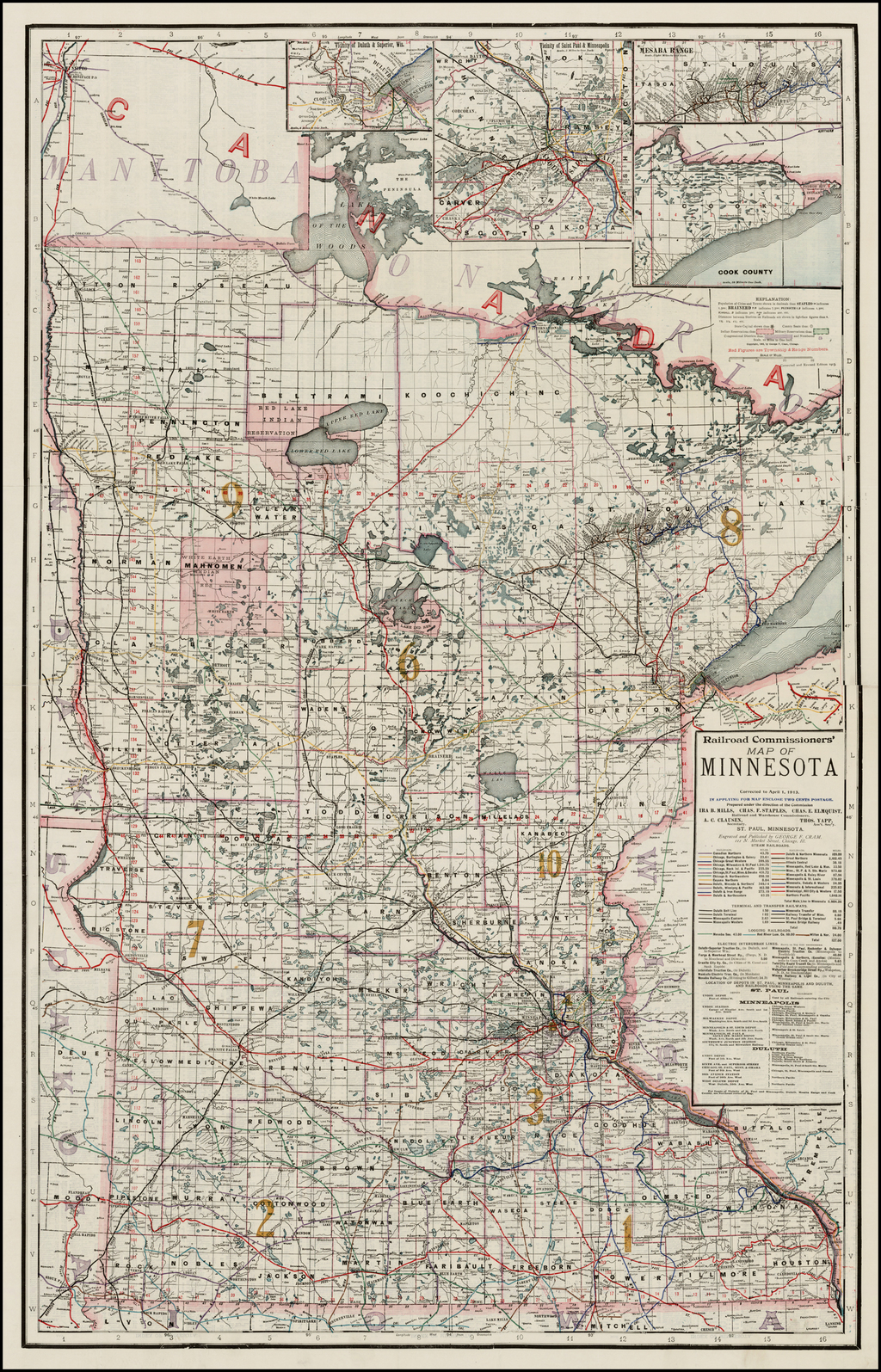 Railroad Commissioners' Map of Minnesota Corrected to April 1, 1913 ...