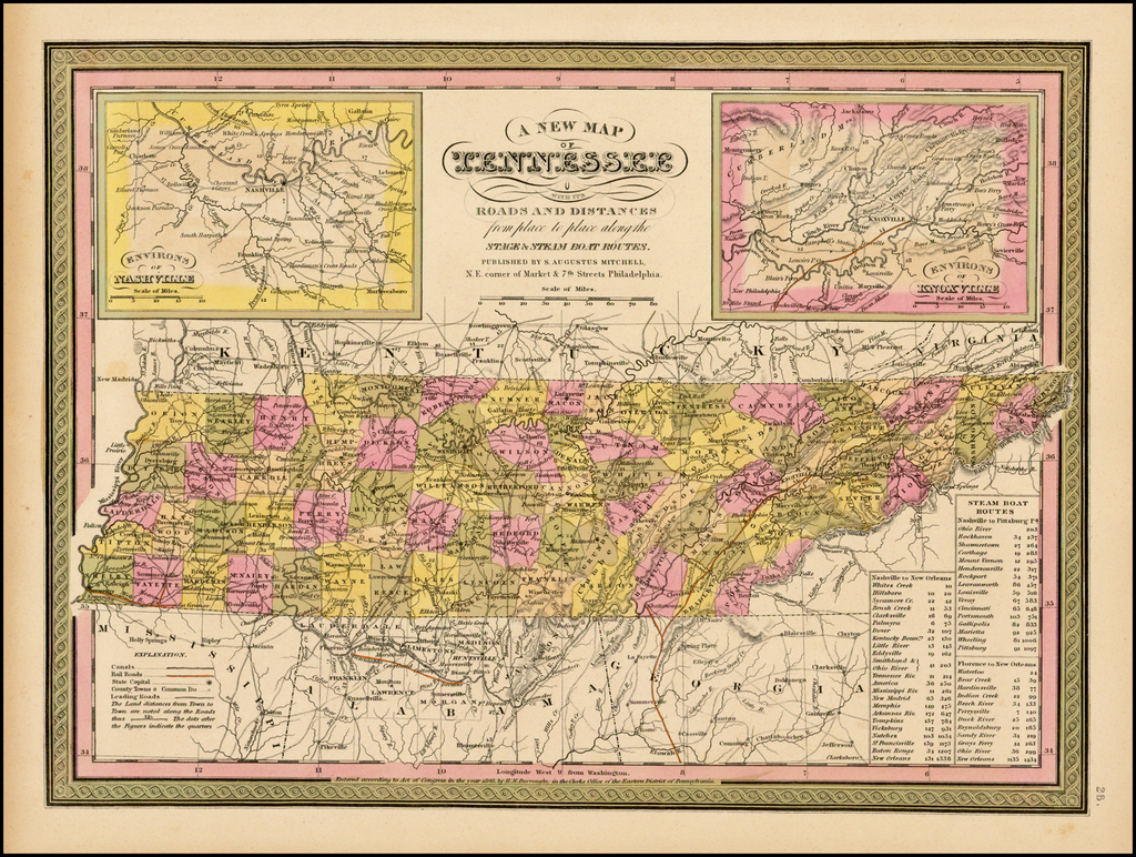 A New Map of Tennessee with its Roads & Distances from palce to place