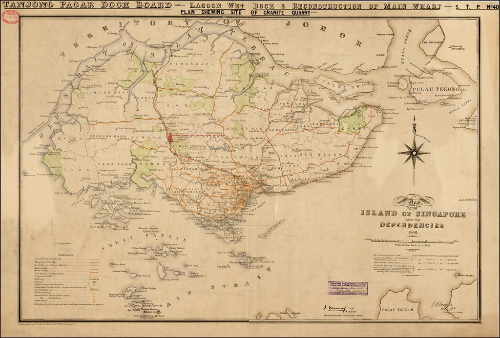 Singapore Map Old And New Map Of The Island Of Singapore And Its Dependencies 1905. - Tanjong Pagar  Dock Board. - Barry Lawrence Ruderman Antique Maps Inc.