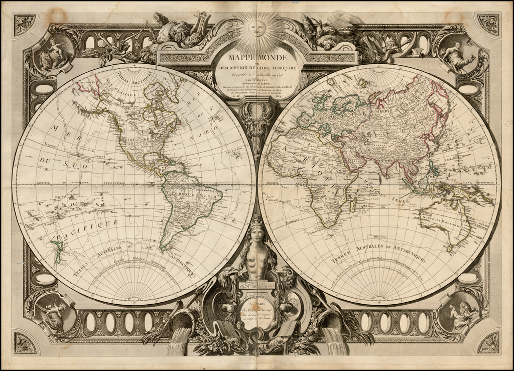 Mappe Monde Ou Description Du Globe Terrestre Projettee Assutettie Au Ciel Par Mr Bonne Hydrographe De La Marine Corrigee Et Augementee Des Decouvertes Du Capitaine Cook De Celles De La Perouse