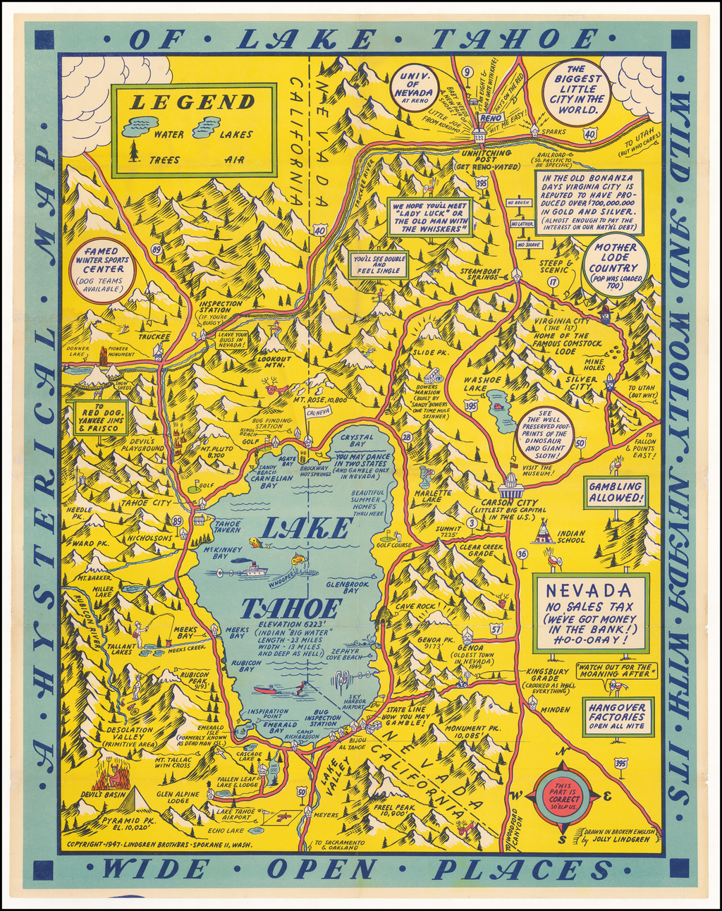 A Hysterical Map Of Lake Tahoe Wild and Woolly Nevada With Its Wide