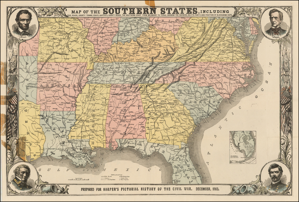 Map of the Southern States, Including Rail Roads, County Towns, State