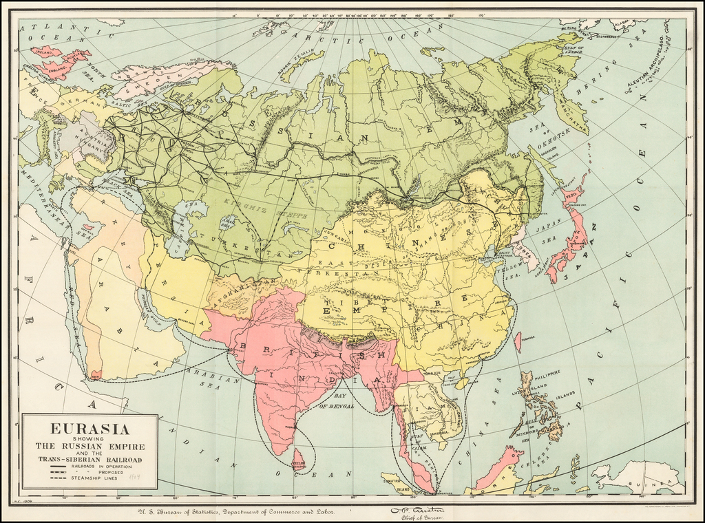 Eurasia Showing The Russian Empire and the Trans-Siberian Railroad ...