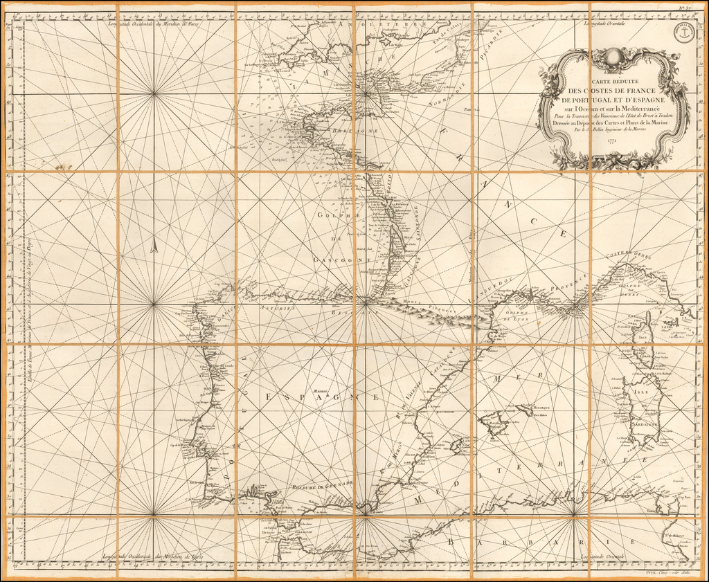 Carte Reduite Des Costes De France De Portugal Et D Espagne Sur L Ocean Et Sur La Mediterranee 1771 Barry Lawrence Ruderman Antique Maps Inc