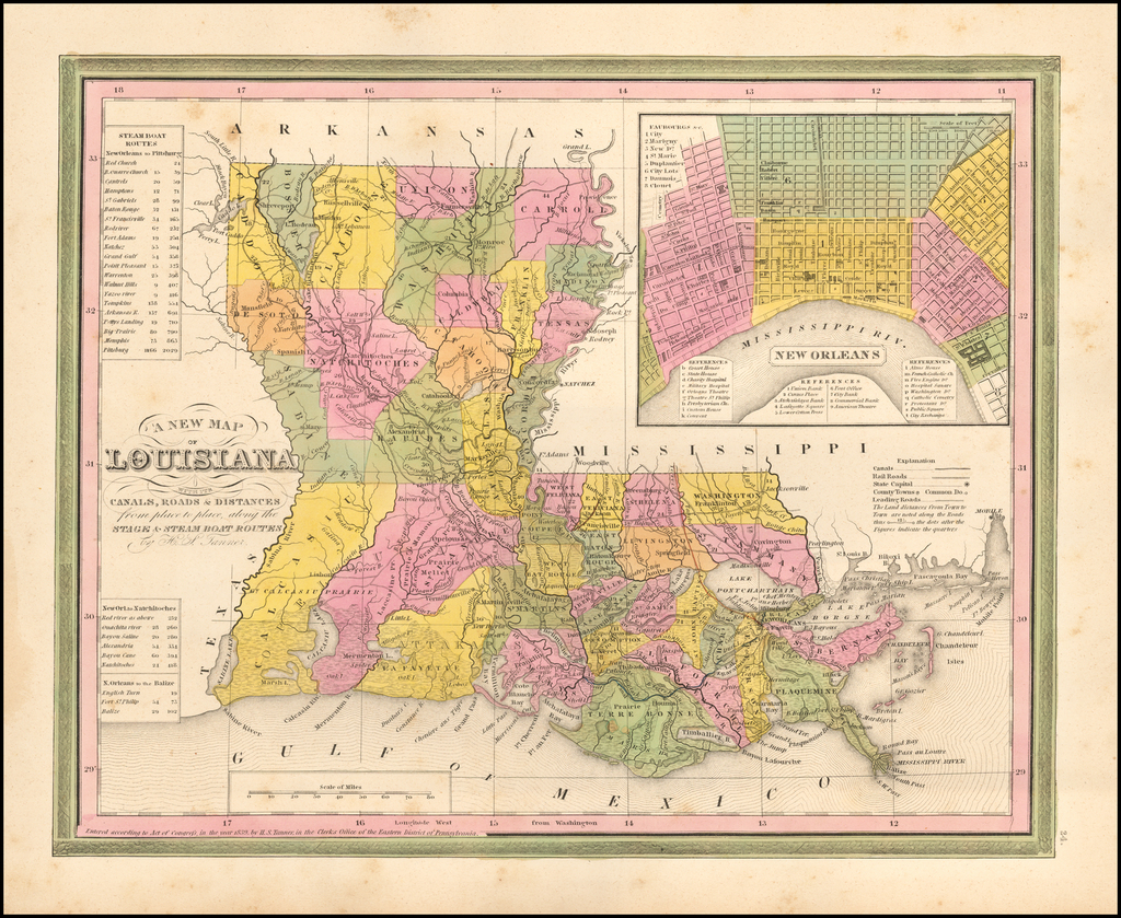 A New Map of Louisiana with its Canals, Roads & Distances. H.S. Tanner