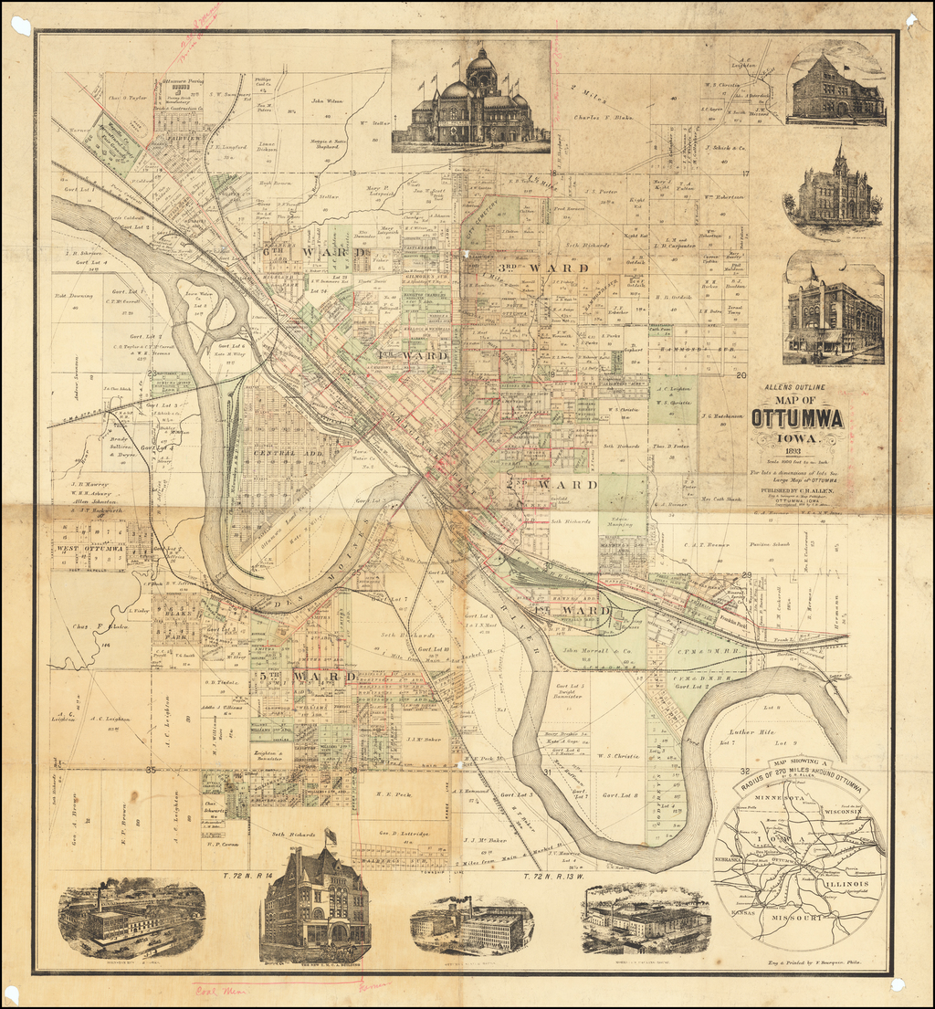 Allen's outline map of Ottumwa, Iowa. Barry Lawrence Ruderman Antique