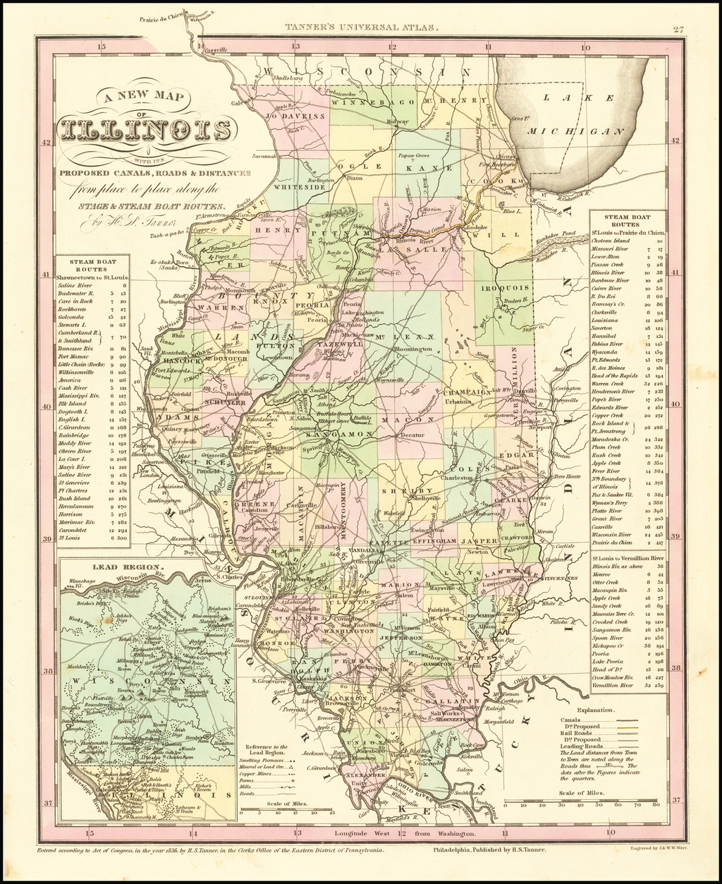 A New Map Of Illinois With Its Proposed Canals Roads Distances From