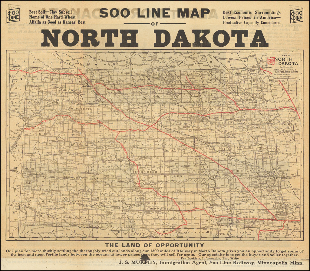 Soo Line Map of North Dakota Especially prepared for Minneapolis, St. Paul & Sault Ste. Marie