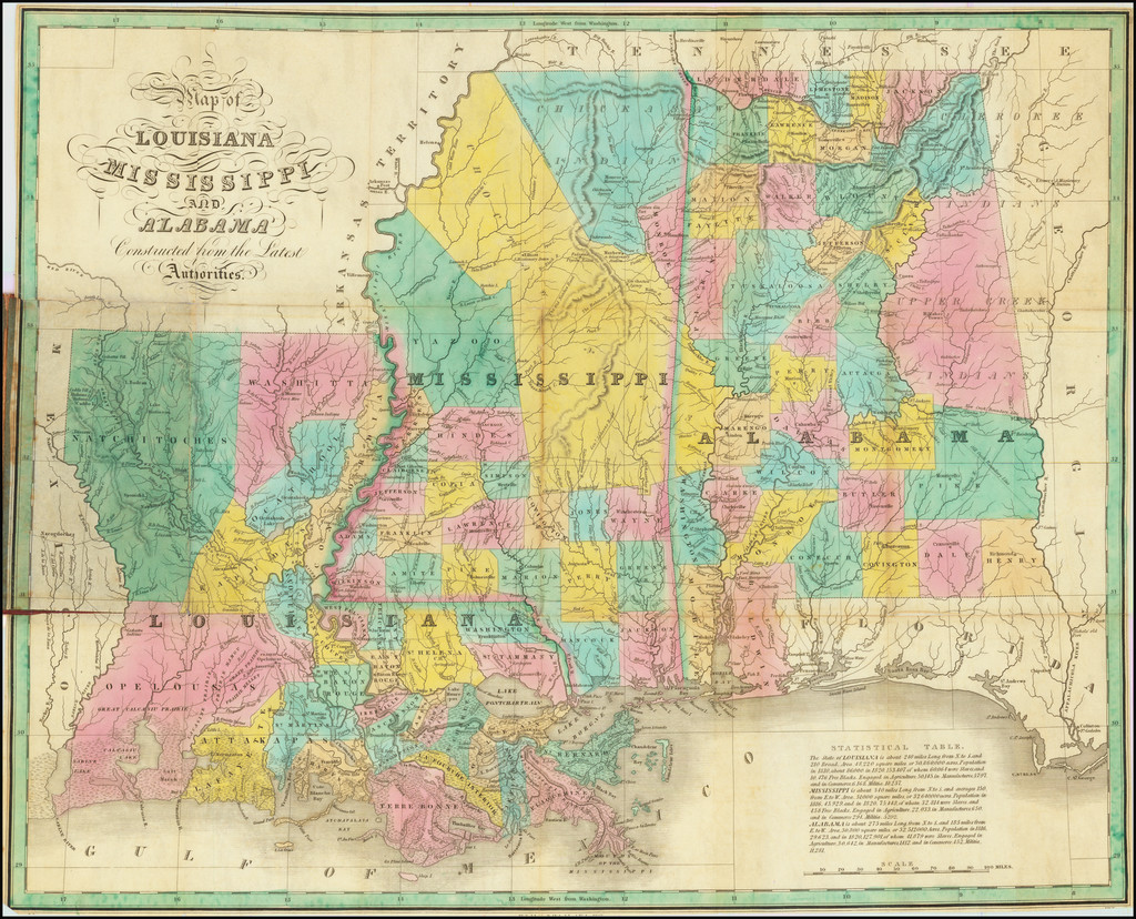 A Map of Alabama, Mississippi and Louisiana from An Atlas of the United  States, on an Improved Plan; with a complete index