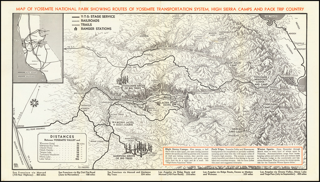 Map of Yosemite National Park Showing Routes of Yosemite Transportation ...