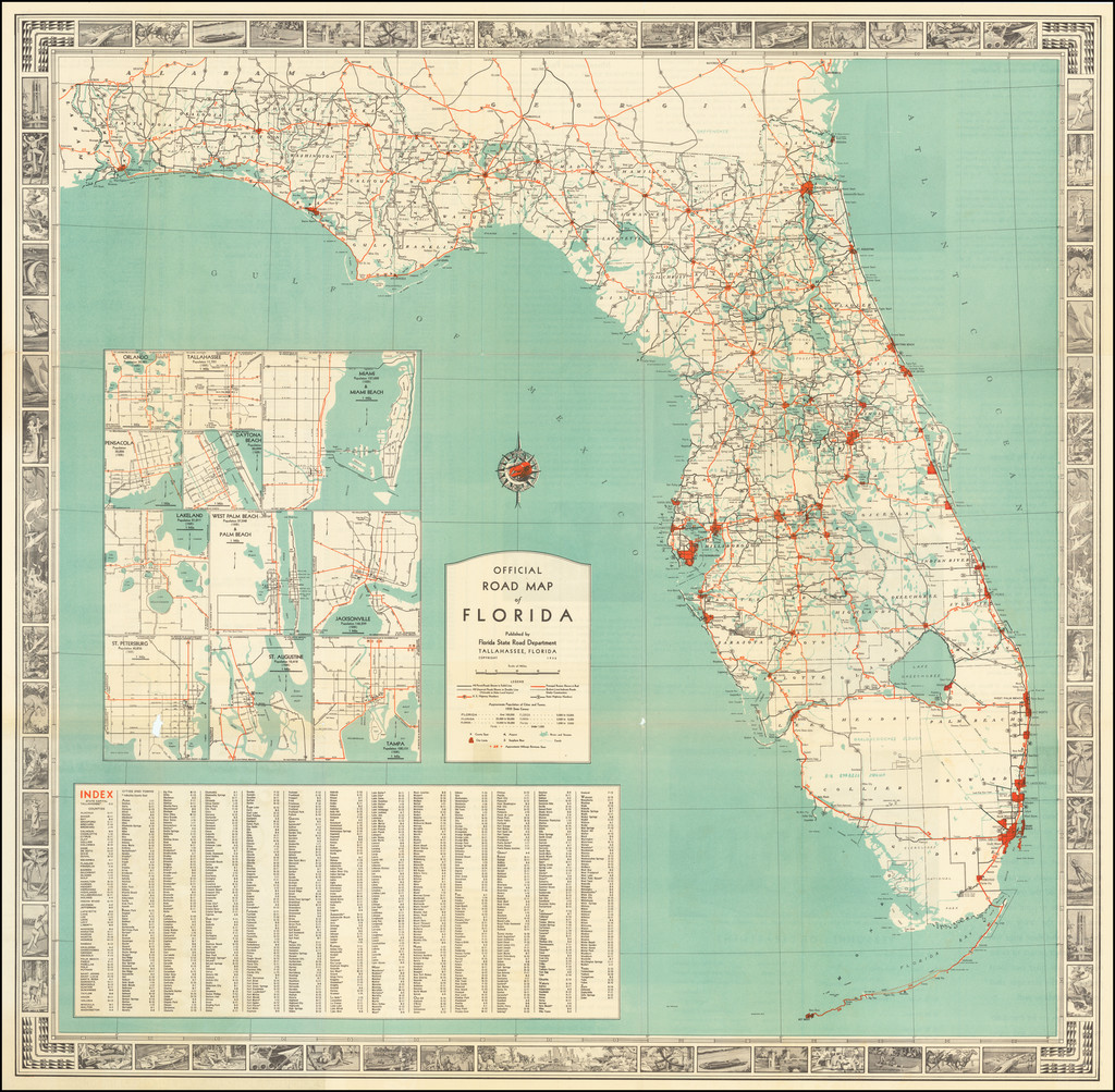 Official Road Map Of Florida Published By Florida State Road Department 1936 Barry