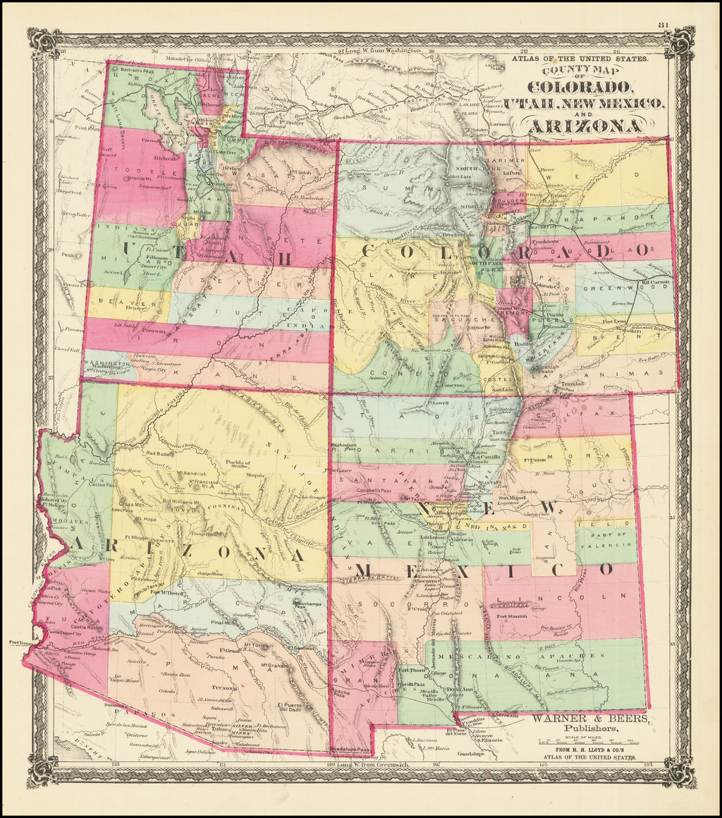 Map Of New Mexico And Colorado County Map Of Colorado, Utah, New Mexico And Arizona - Barry Lawrence  Ruderman Antique Maps Inc.