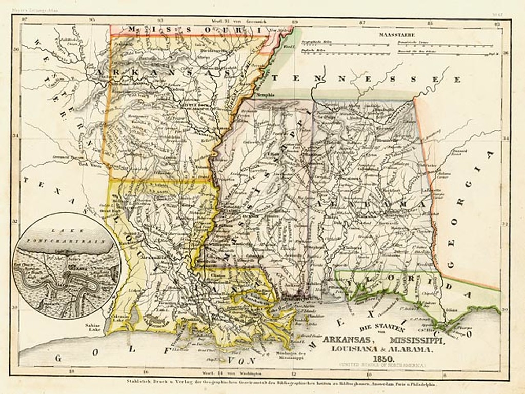 Die staaten von Arkansas, Mississippi, Louisiana & Alabama 1850 - Old map  by MEYER