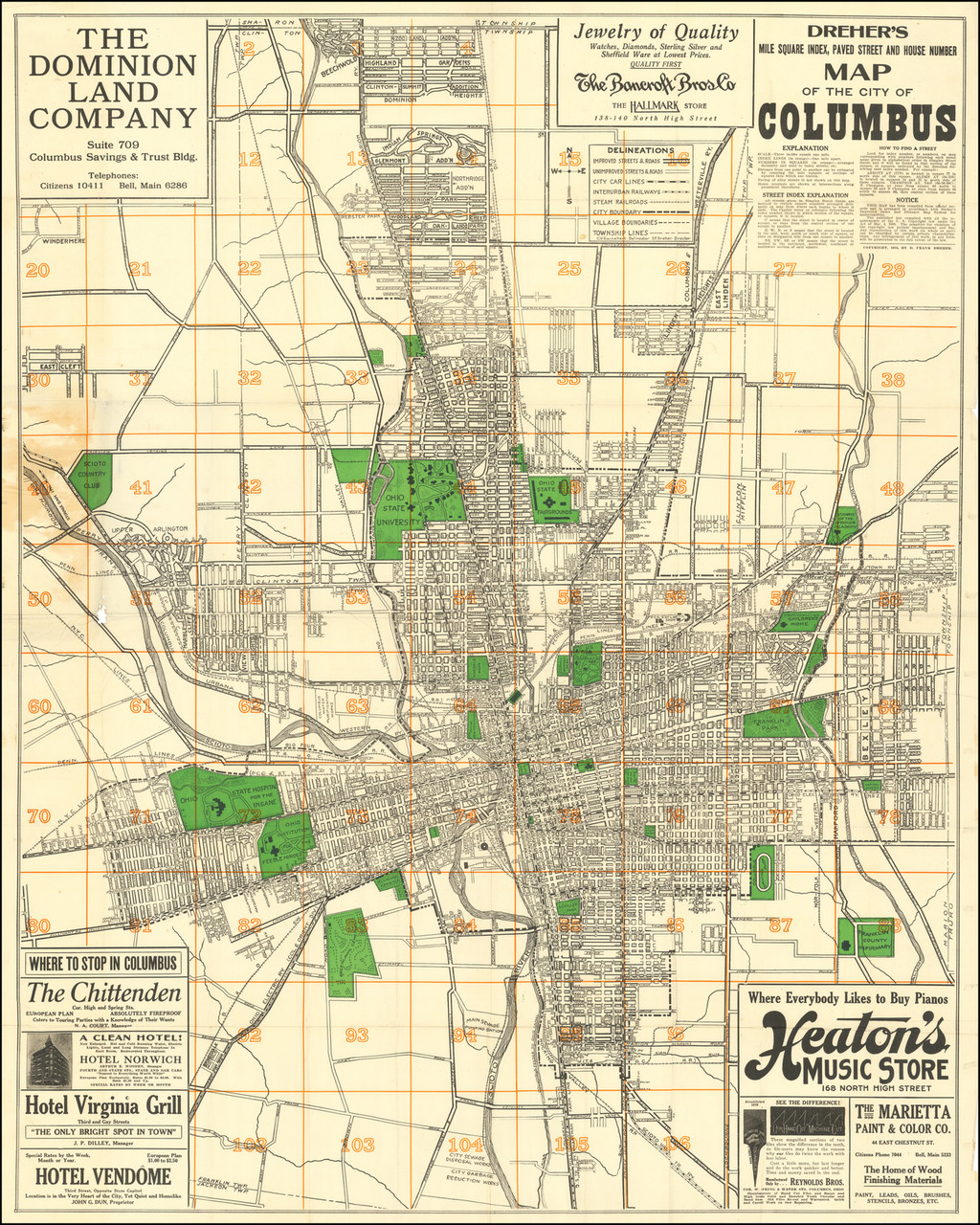 [ Columbus, Ohio ] Dreher's Mile Square Index, Paved Street and House Number Map of the City of ...