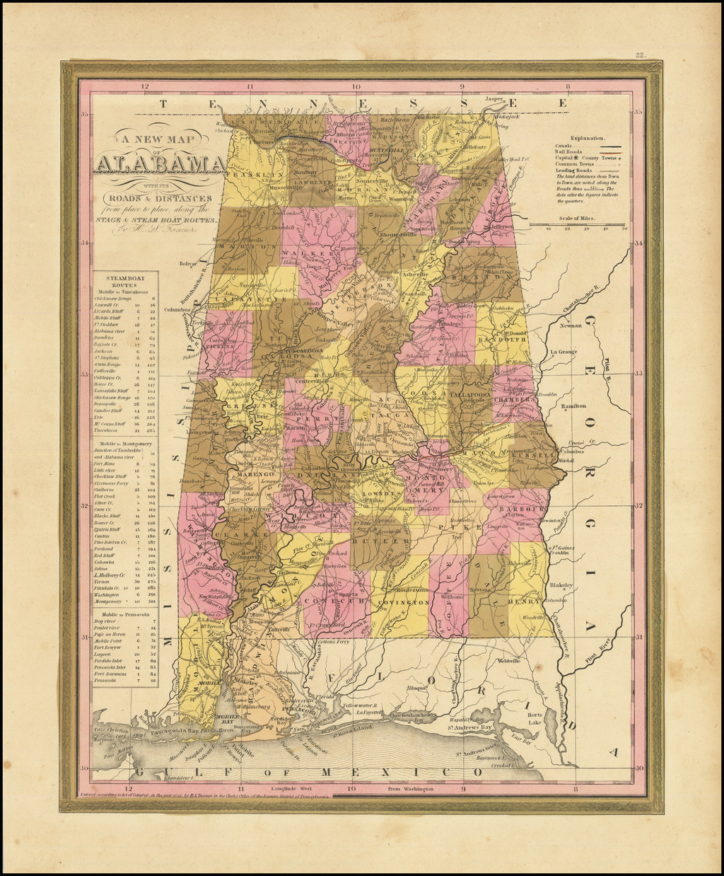A New Map Of Alabama with its Canals, Roads, Distances from Place to