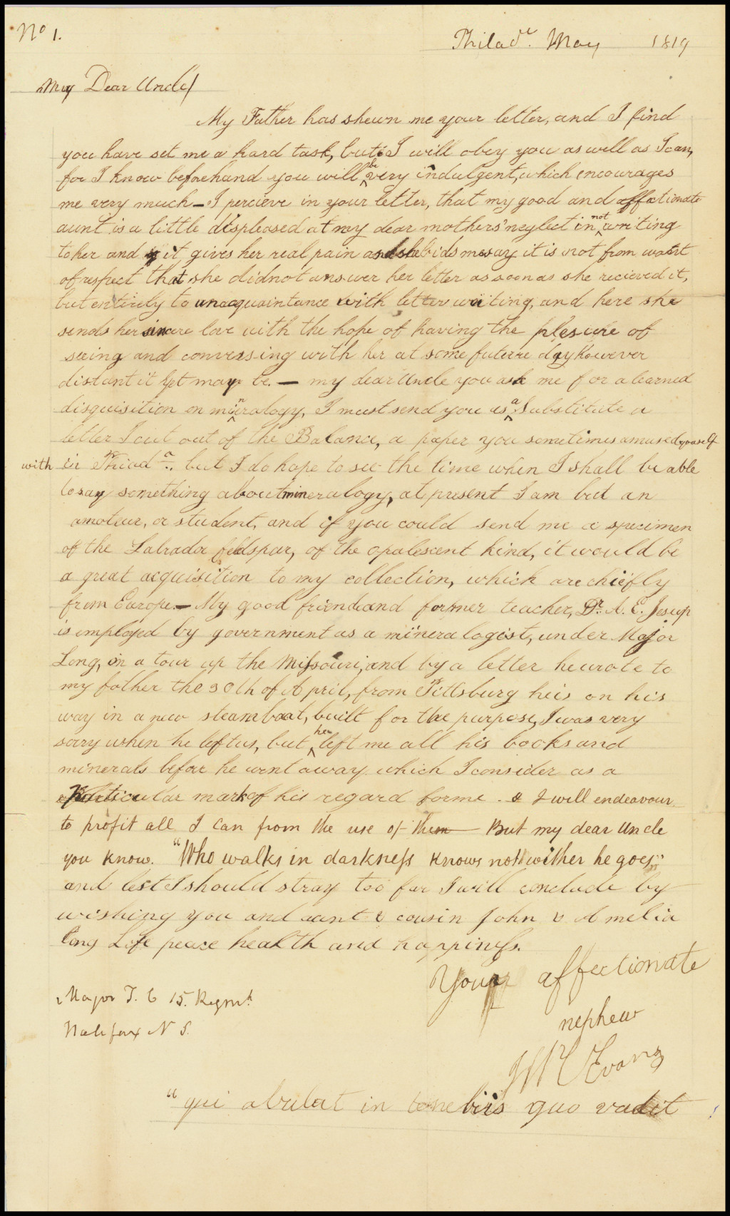 (Geology on the Long Expedition) A.L.S. from J.W.C. (?) Evans to Major