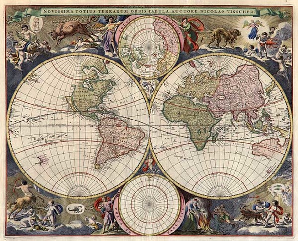 0-World, World and Polar Maps Map By Nicolaes Visscher I