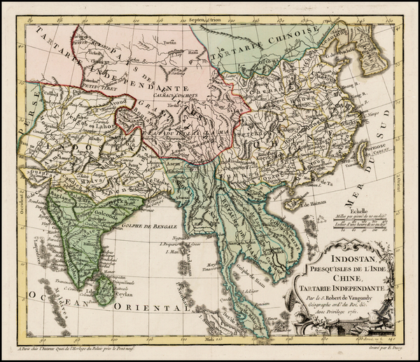 92-China, India and Southeast Asia Map By Gilles Robert de Vaugondy