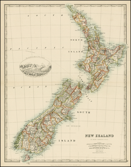 36-New Zealand Map By W. & A.K. Johnston