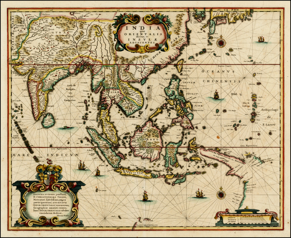 54-China, Korea, India, Southeast Asia, Philippines and Other Islands Map By Henricus Hondius