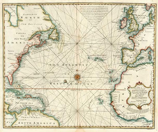 81-World, Atlantic Ocean, United States and North America Map By Emanuel Bowen