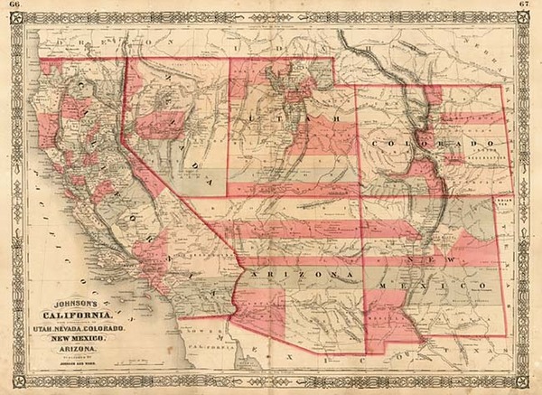 100-Southwest, Rocky Mountains and California Map By Benjamin P Ward  &  Alvin Jewett Johnson