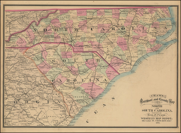 60-North Carolina and South Carolina Map By George F. Cram