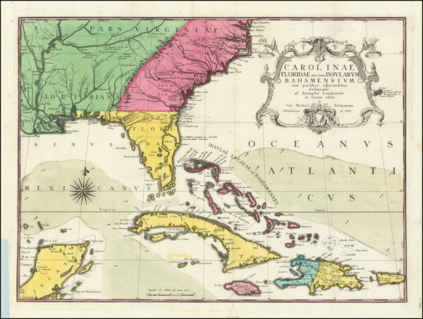 84-Florida, South, Southeast and Caribbean Map By Mark Catesby - Johan Michael Seligmann