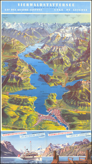 43-Switzerland Map By M. Bieder / Lake Lucerne Steamship Company