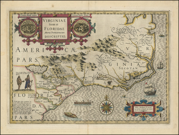 44-Southeast, Virginia, Georgia, North Carolina and South Carolina Map By Jodocus Hondius