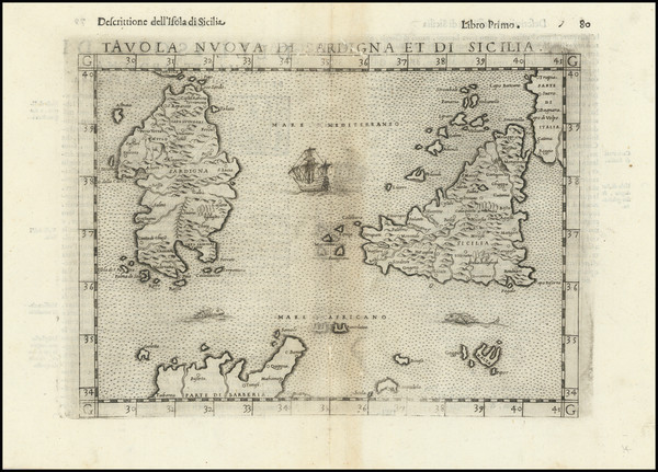 91-Sardinia and Sicily Map By Girolamo Ruscelli