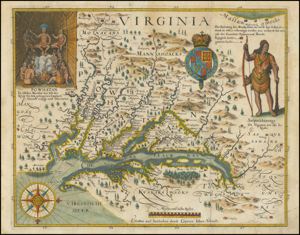 51-Maryland, Southeast and Virginia Map By Matthaus Merian / John Smith