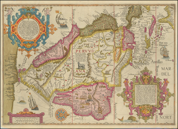 2-Polar Maps, Caribbean, Central America, South America and Brazil Map By Jan Huygen Van Linschot