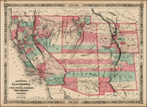 1-Southwest, Rocky Mountains and California Map By Benjamin P Ward  &  Alvin Jewett Johnson