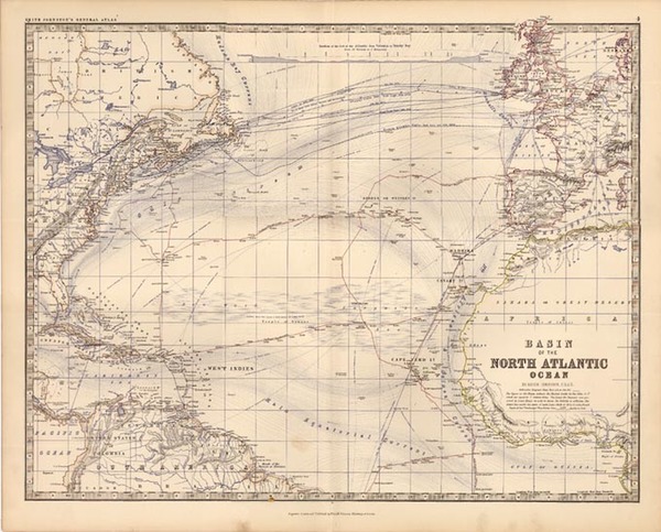 59-World, World and Atlantic Ocean Map By W. & A.K. Johnston