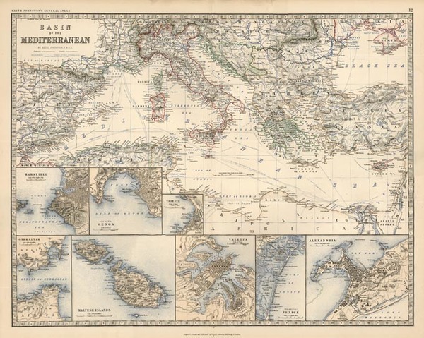 10-Europe, Mediterranean, Balearic Islands and Greece Map By W. & A.K. Johnston