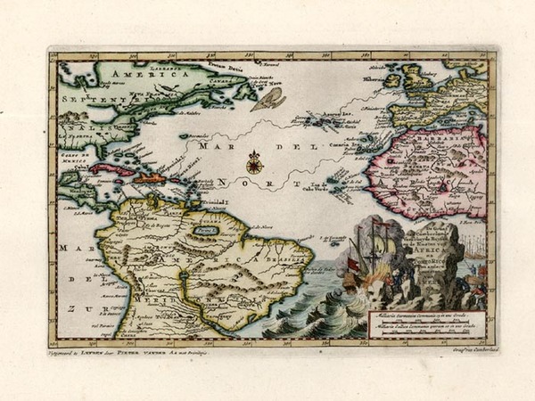 66-World, Atlantic Ocean, North America, Caribbean and South America Map By Pieter van der Aa