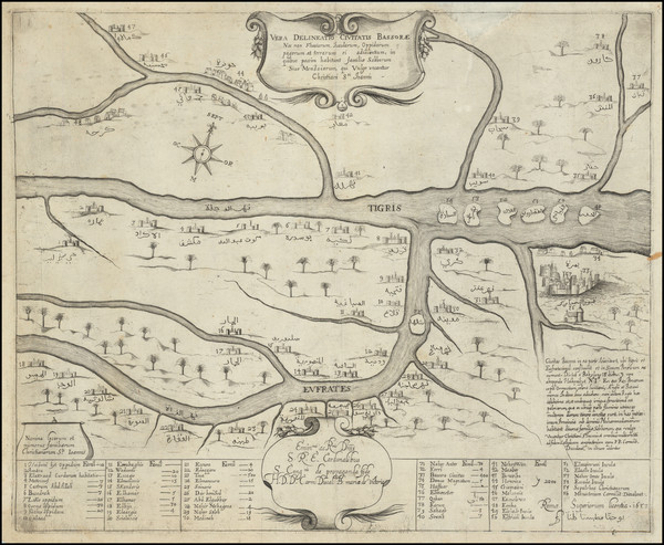 [ 17th Century Missionary Map of Iraq ] Vera Delineatio Civitatis Bassorae Nec non Fluviorum Insularum, Oppidorum pagorum et terrarum ei adiacentium, in quibus passim habitant familiae Sabborum Sive Mendaiarum qui Vulgo voconatur Christiani Sti. Joannis  . . .  1653    