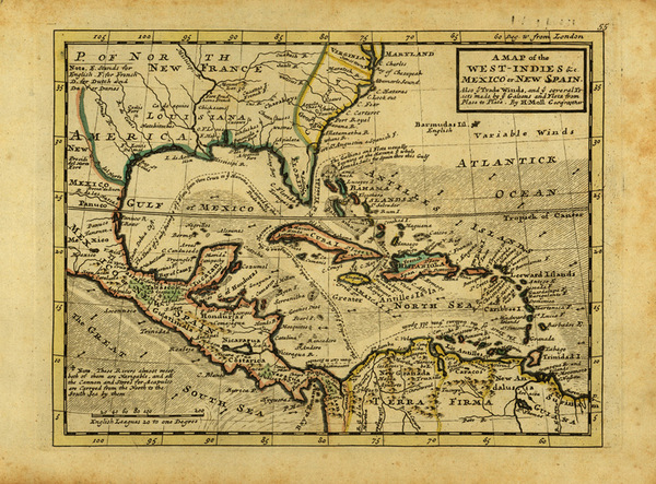 70-South, Southeast and Caribbean Map By Herman Moll