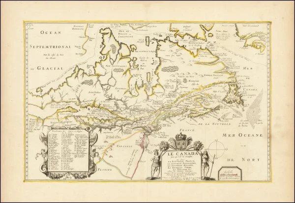 [Canada and the Great Lakes] LE CANADA faict par le S.r de Champlain ou sont LA NOUVELLE FRANCE, LA NOUVELLE ANGLETERRE, LA NOUVELLE HOLANDE, LA NOUVELLE SVEDE, LA VIRGINIE &c. Avec les Nations voisines et autres Terres nouvellement decouvertes, Suiuant les Memoires de P. Du Val Geographe du Roy