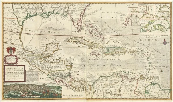 [West Indies & Caribbean] A MAP of the WEST-INDIES or the Iſlands of AMERICA in the NORTH SEA; with y^e adjacent Countries; explaining what belongs to SPAIN, ENGLAND, FRANCE, HOLLAND &c. also y^e TRADE WINDS, and y^e several Tracts made by y^e Galeons and Flota from place to place