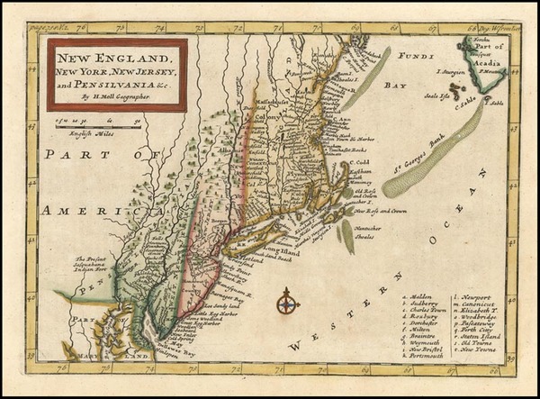 43-New England and Mid-Atlantic Map By Herman Moll