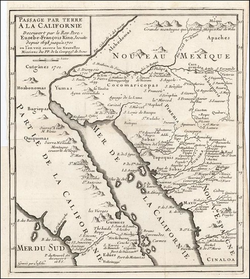 36-Southwest, Mexico, Baja California and California Map By Fr. Eusebio Kino / Inselin