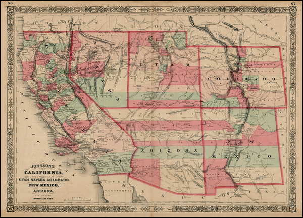 66-Southwest, Rocky Mountains and California Map By Alvin Jewett Johnson  &  Benjamin P Ward