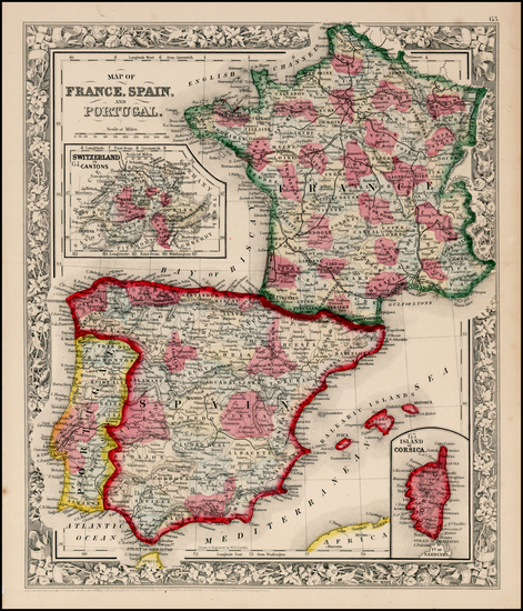 60-Europe, France, Spain and Portugal Map By Samuel Augustus Mitchell Jr.