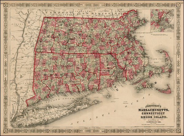 7-New England Map By Benjamin P Ward / Alvin Jewett Johnson